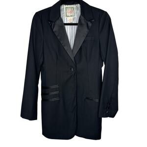 Flying Tomato Black Long One-Button Tuxedo Blazer Satin Trim Lapel & Pockets M
